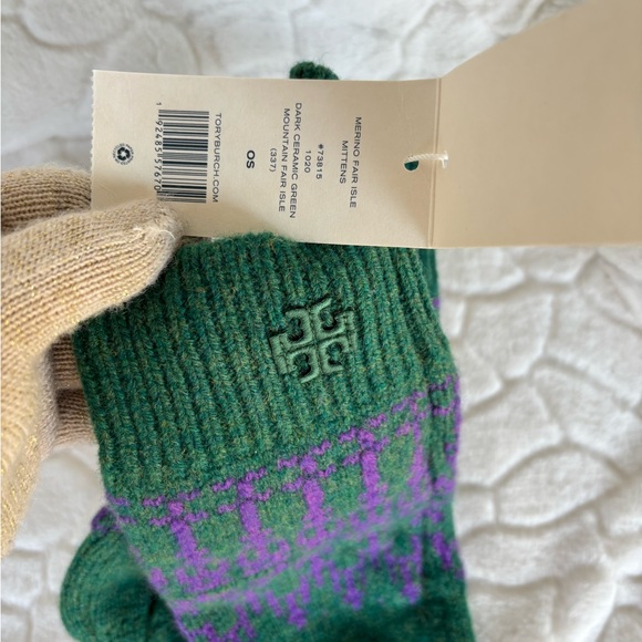 Tory Burch Merino Fair Isle Collection Scarf, Mittens & Hat Dark Ceramic Green - Picture 16 of 16